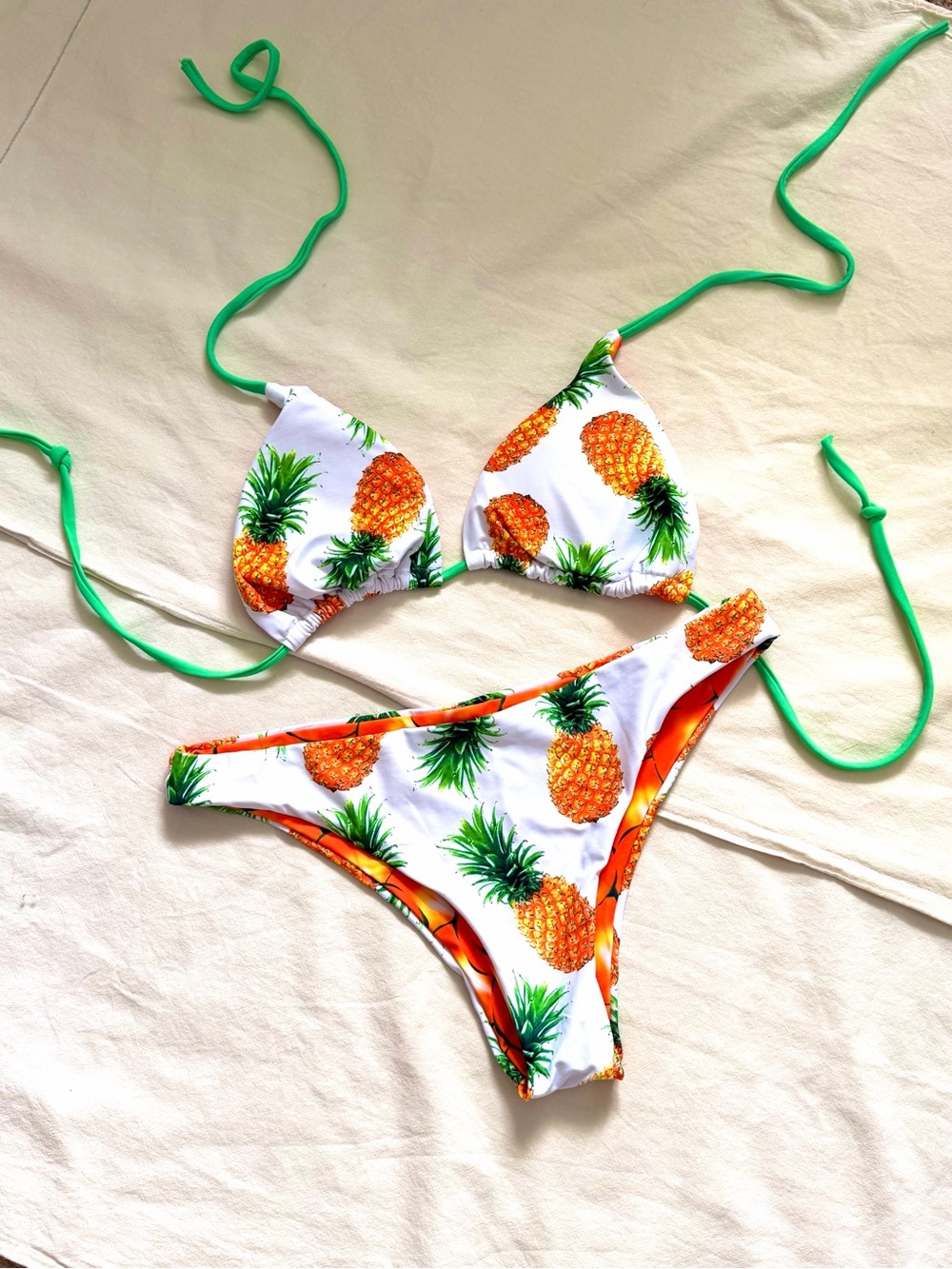 Double- sided Pineapple Print Triangle Bikini - Green Straps